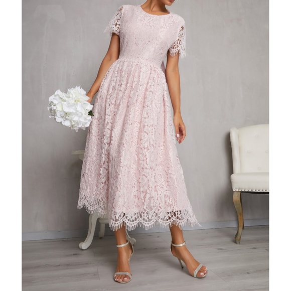 Pink Tie Open Back Fit & Flare Lace Midi Dress - Picture 5 of 6